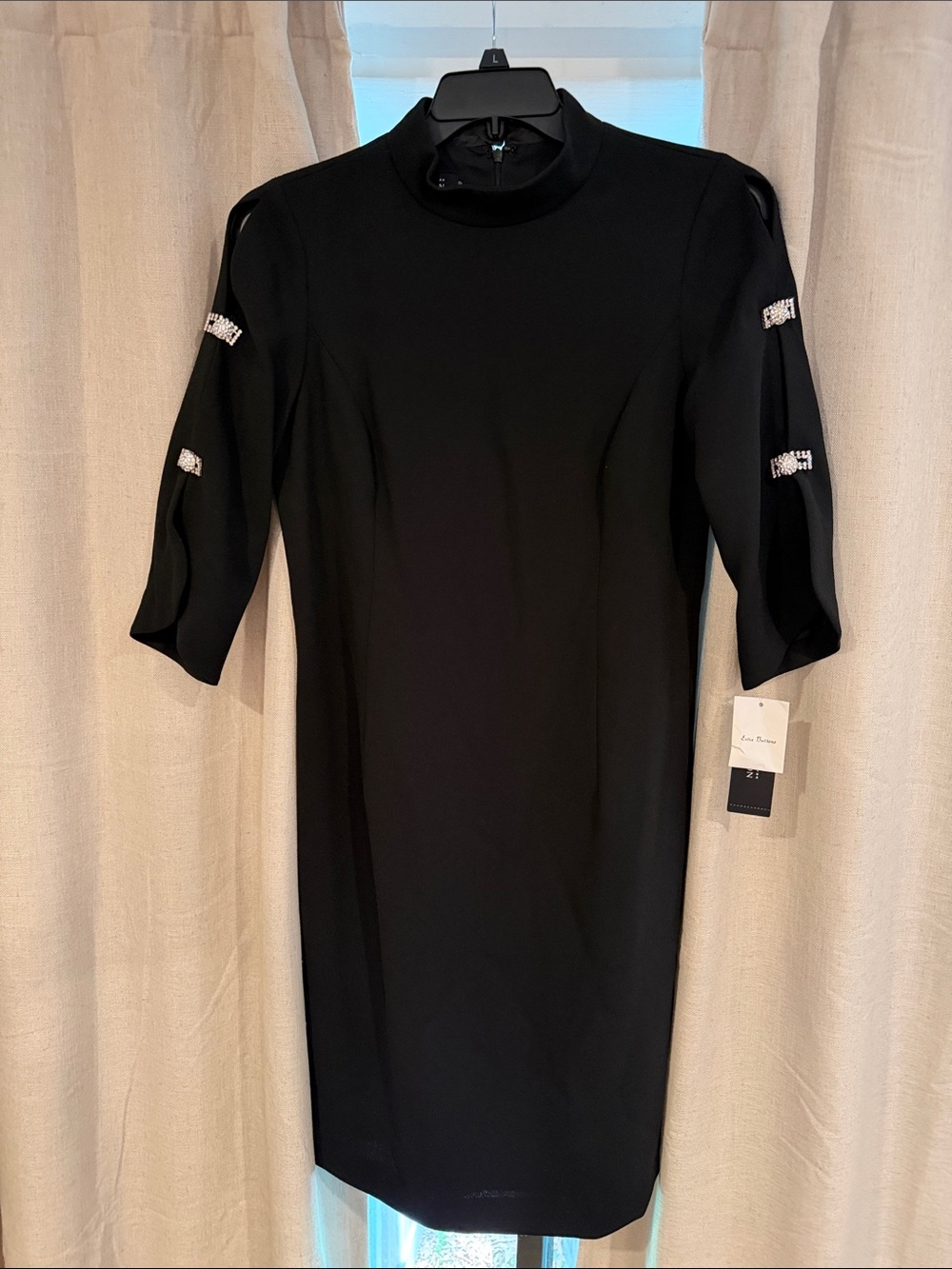 Teri Jon Black Midi Dress with Crystal-Trim Cutout Sleeves